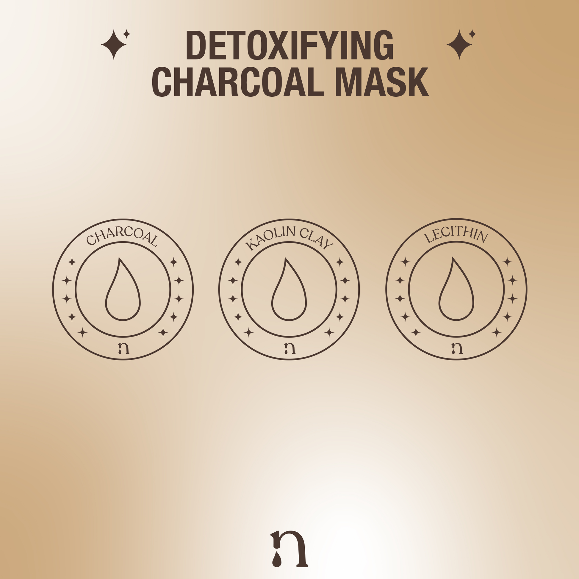 Graphic representation of key ingredients for a detoxifying charcoal mask, depicted with icons on a neutral background. The icons visually communicate the powerful components that contribute to the mask's efficacy for a revitalizing and clarifying skincar