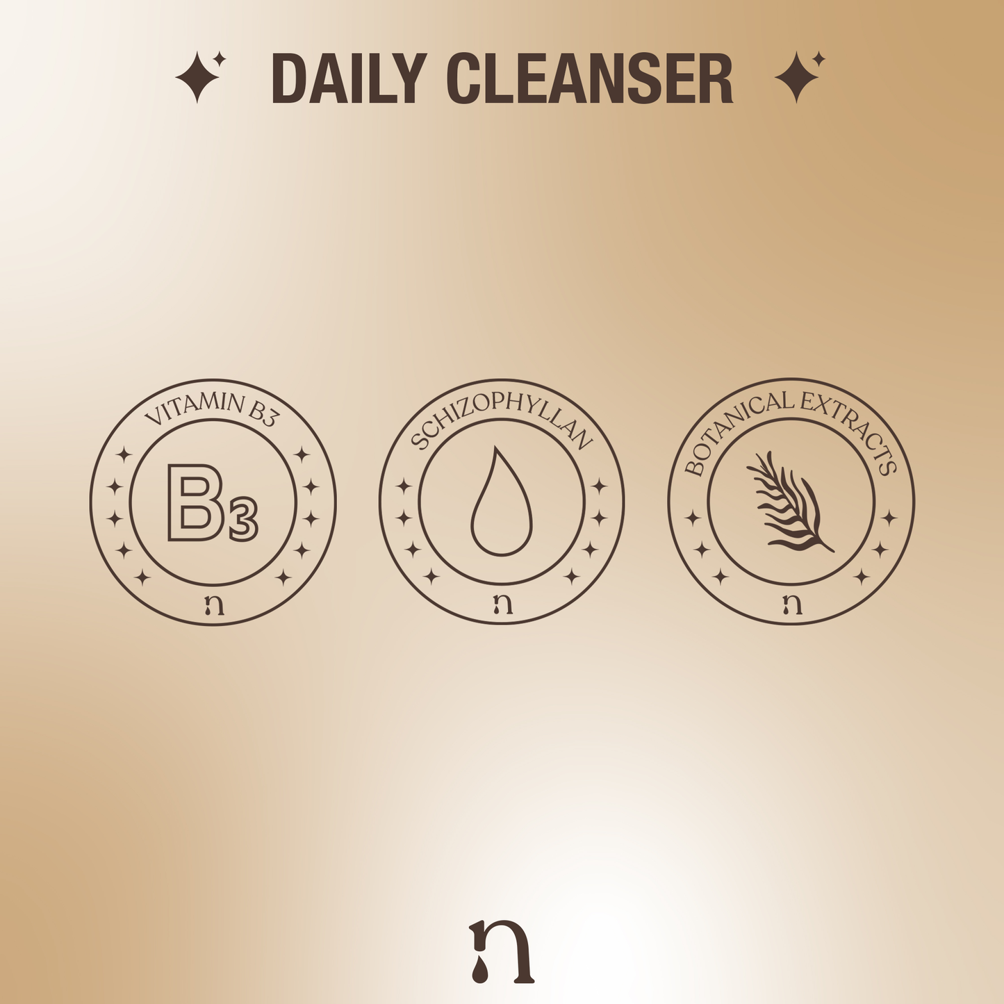 Graphic representation of key ingredients for a daily facial cleanser, depicted with icons on a neutral background. The icons visually communicate the refreshing components that contribute to the cleanser's efficacy for a revitalizing skincare routine.