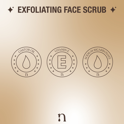 Graphic representation of key ingredients for an exfoliating face scrub, depicted with icons on a neutral background. The icons visually communicate the effective components that contribute to the scrub's efficacy for a rejuvenating skincare routine.