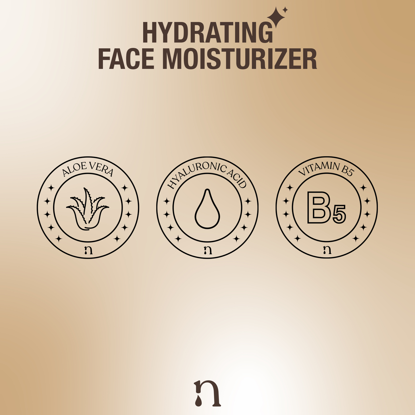 Graphic representation of key ingredients for a hydrating face moisturizer, depicted with icons on a neutral background. The icons visually communicate the nourishing components that contribute to the moisturizer's efficacy for a clean and minimalist skin